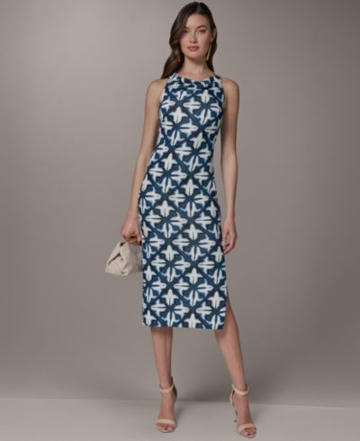 Donna Karan New York Women's Cowl Neck Sheath Sleeveless Printed Midi Dress