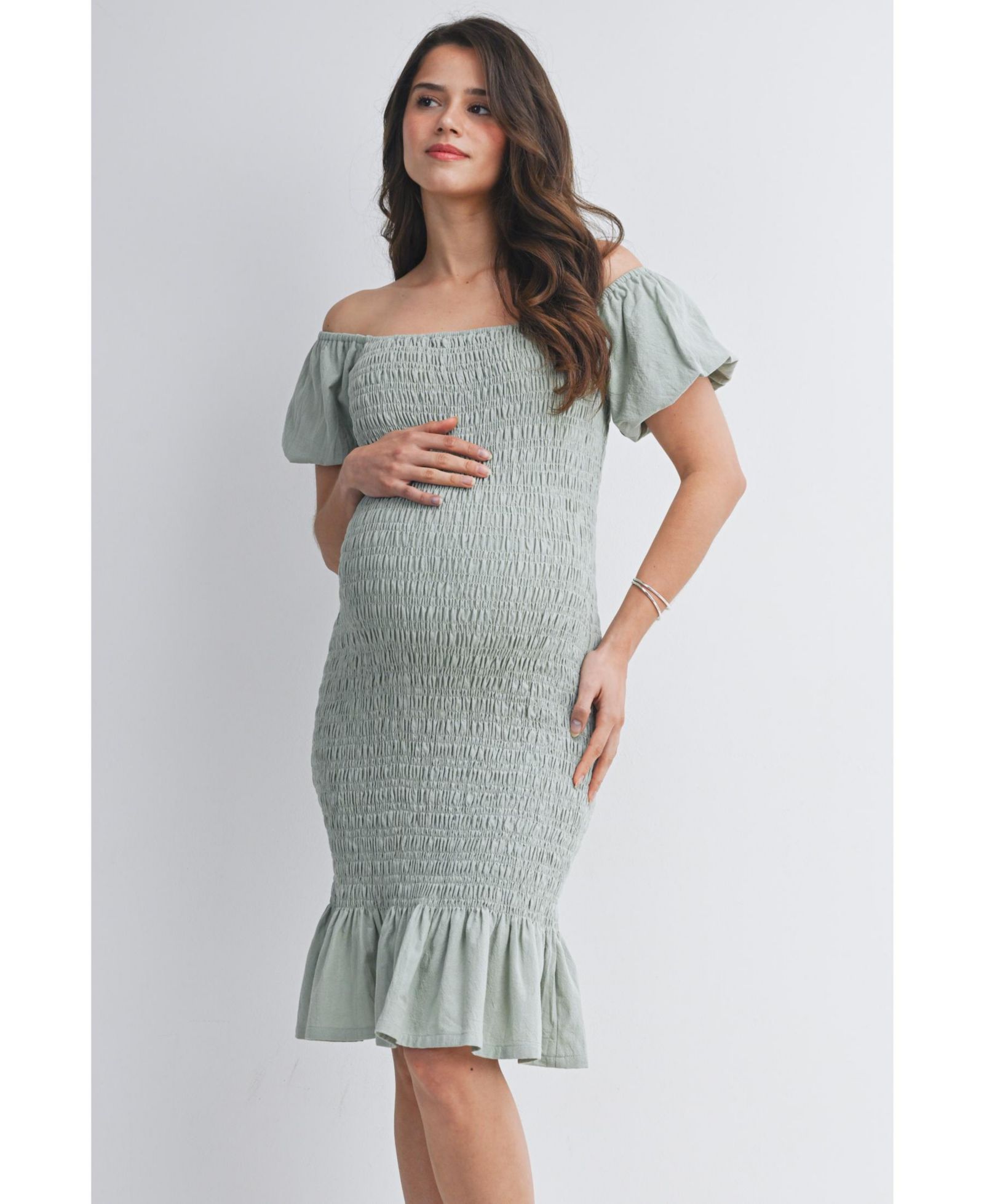 Женское платье Hello Miz Maternity Off-the-Shoulder Smocked Bodycon Midi с рюшами