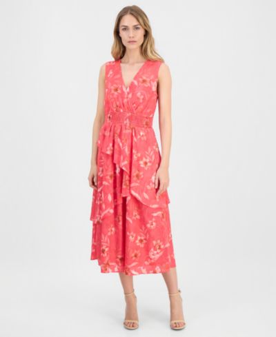 Anne Klein Женское цветочное шифоновое миди платье с асимметричными ярусами