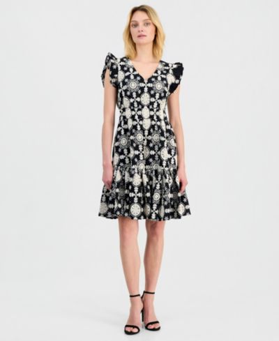 Женское платье Anne Klein V-Neck Ruffle-Sleeve Embroidered Cotton