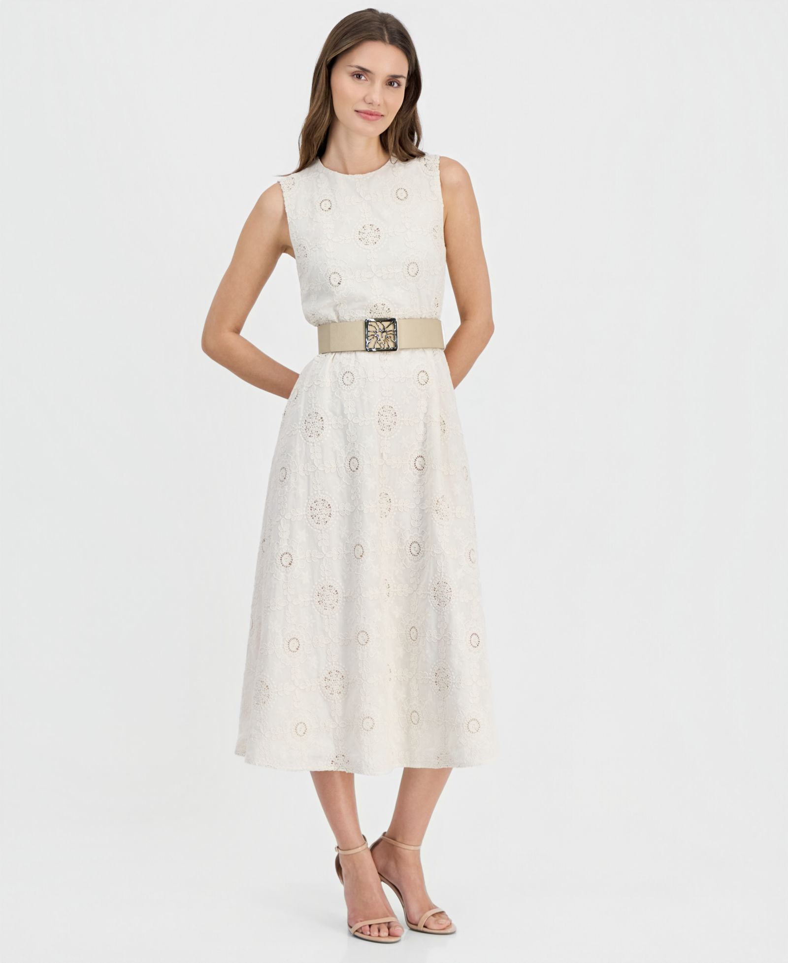 Anne Klein Women's Round-Neck Embroidered Belted Cotton Dress