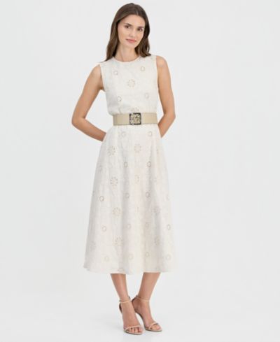 Anne Klein Женское хлопковое платье с вышивкой и поясом с круглым вырезом