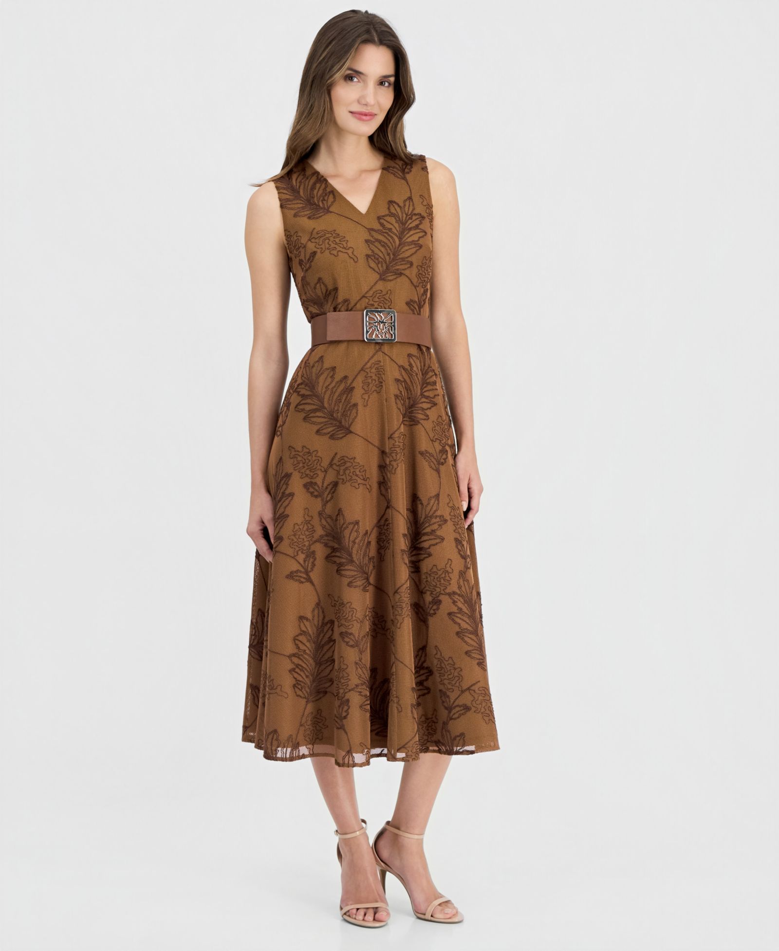 Женское платье Anne Klein V-Neck Embroidered Belted Midi