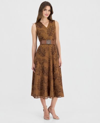 Женское платье Anne Klein V-Neck Embroidered Belted Midi