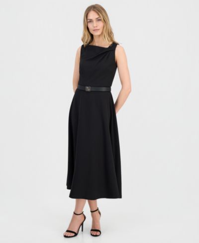 Anne Klein Women's Asymmetric-Neck Belted Midi Dress