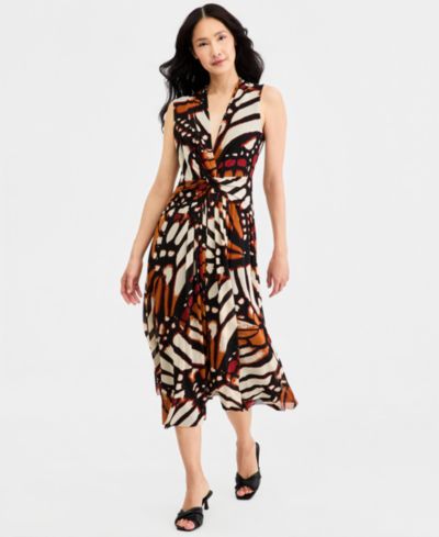 Anne Klein Women's Twist Front Sleeveless Midi Printed Mesh Dress