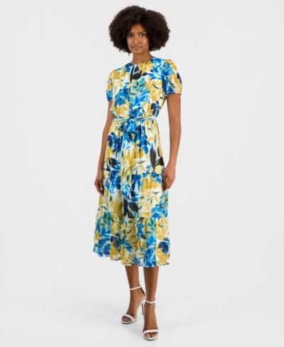 Kasper Women's Short-Sleeve Printed Tiered Midi Dress