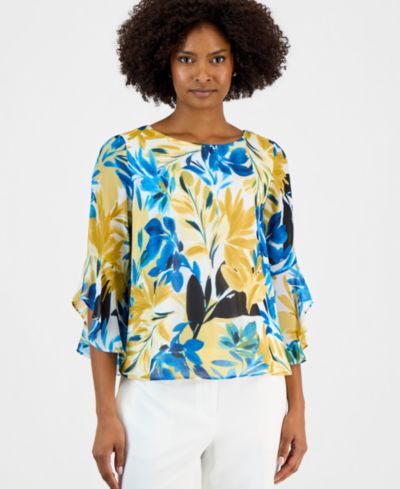 Kasper Women's 3/4 Ruffle-Sleeve Printed Boatneck Top, Regular & Petite