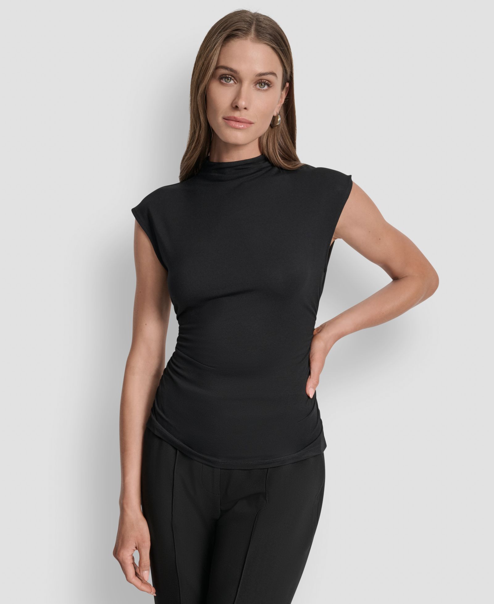 DKNY Petite Mock-Neck Sleeveless Side-ruched Knit Top