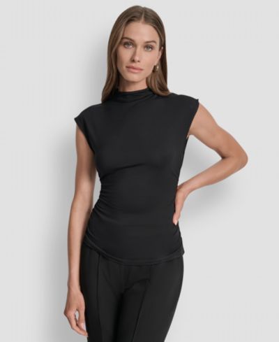 DKNY Petite Mock-Neck Sleeveless Side-ruched Knit Top