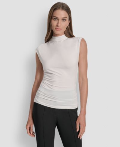DKNY Petite Mock-Neck Sleeveless Side-ruched Knit Top