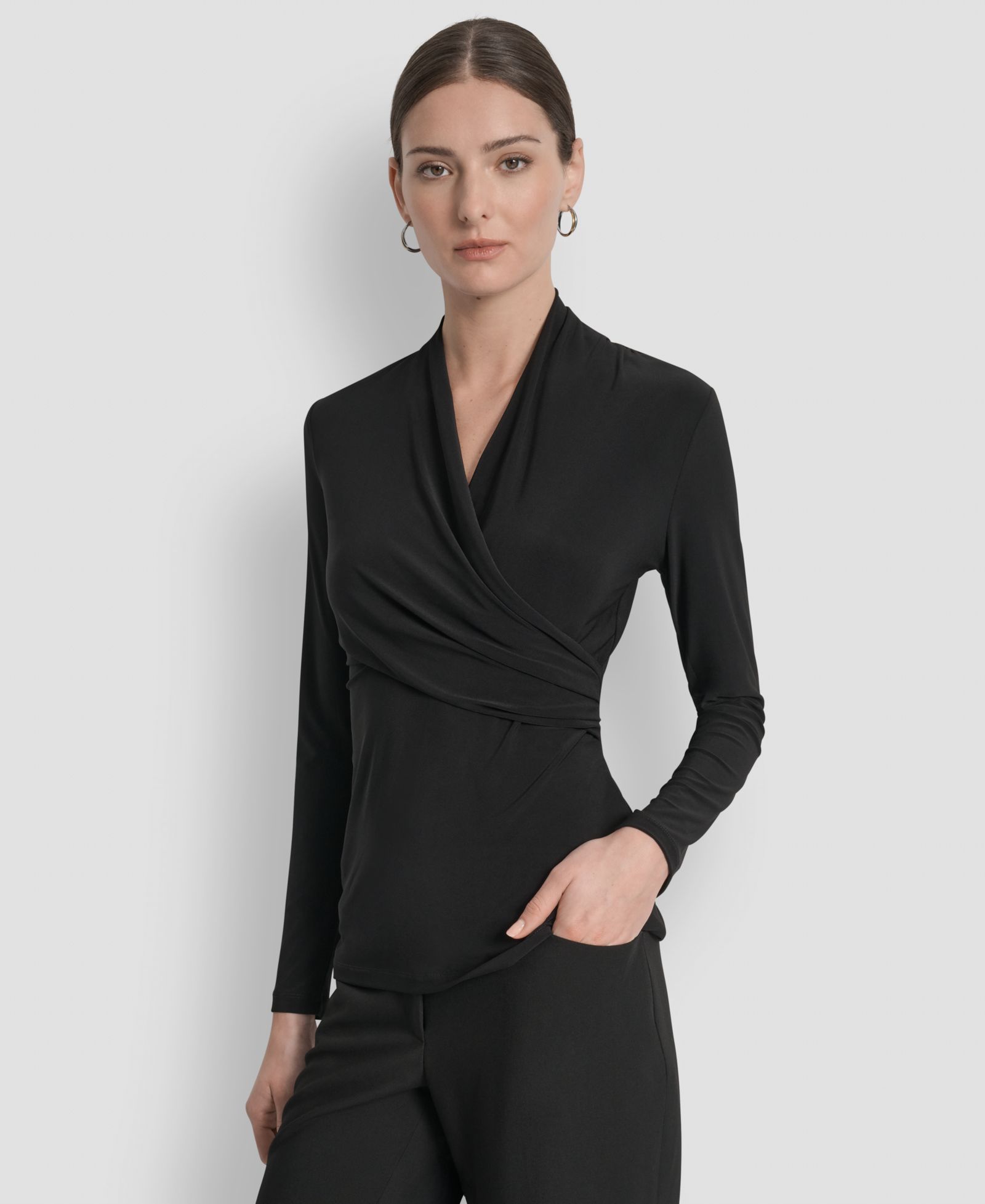 DKNY Petite Matte Jersey Faux Wrap Top