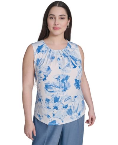 Calvin Klein Plus Size Printed Pleated Crewneck Camisole Top