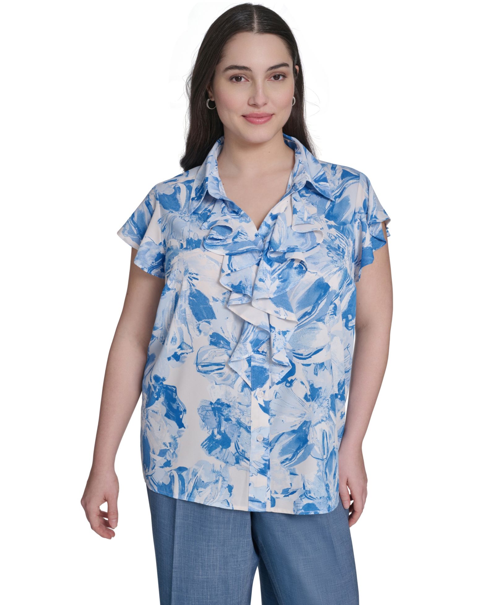 Calvin Klein Plus Size Cap-Sleeve Ruffle-Front Collared Top