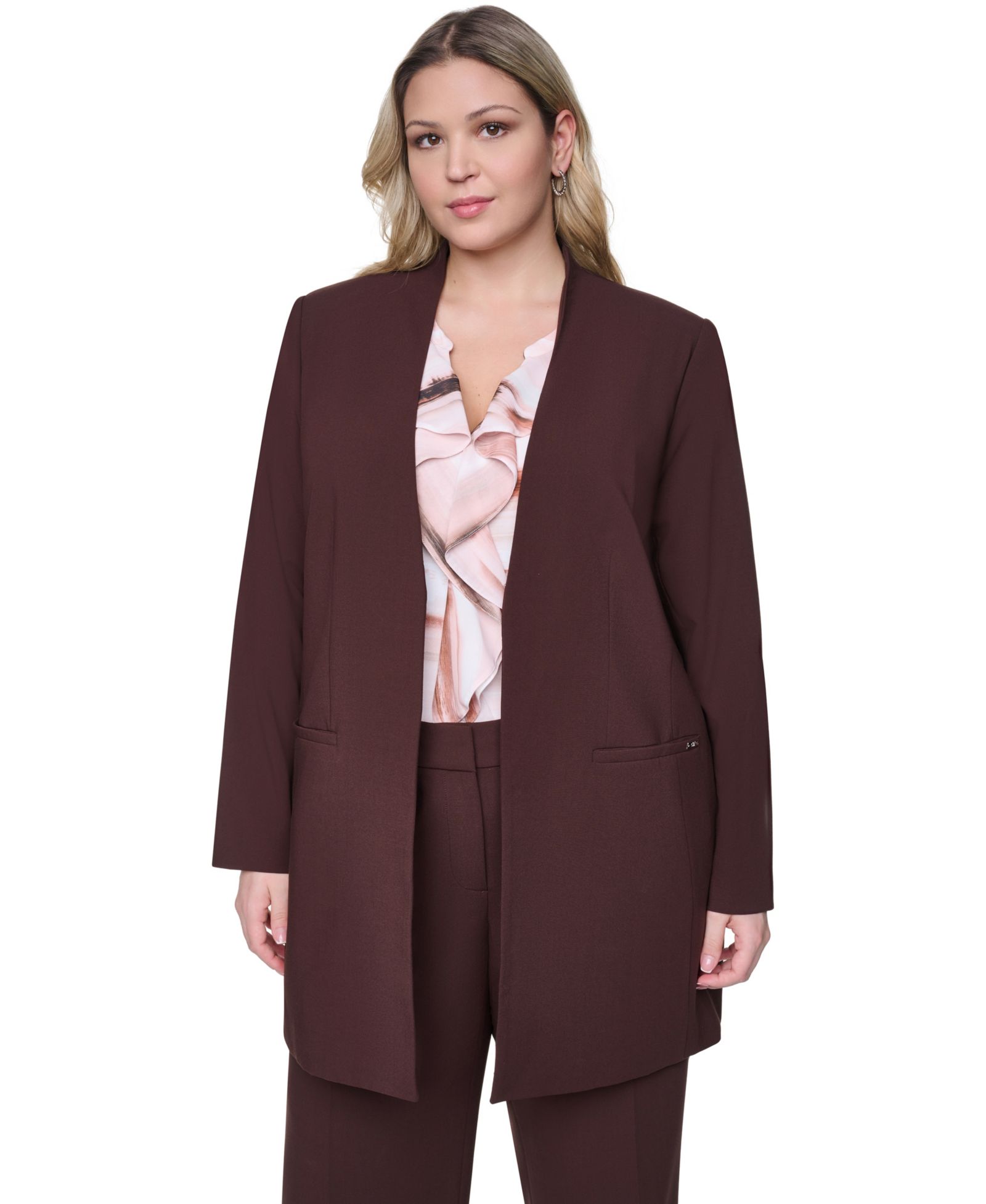 Calvin Klein Plus Size Collarless Open-Front Rollback-Cuff Blazer
