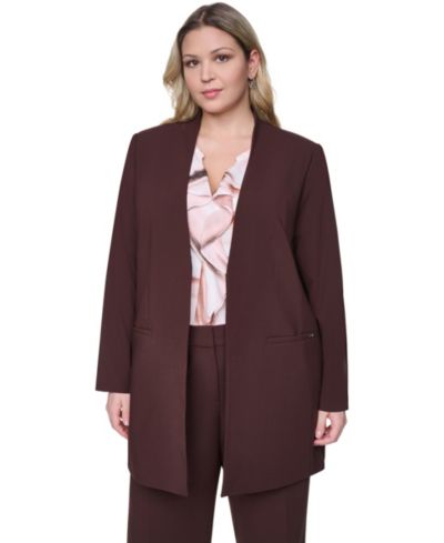Calvin Klein Plus Size Collarless Open-Front Rollback-Cuff Blazer