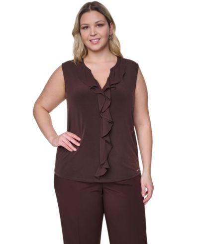Calvin Klein Plus Size Sleeveless Ruffle-Front V-Neck Top