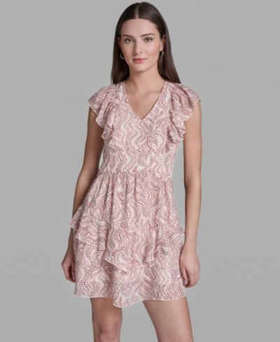 Женское платье BCBG с принтом и рюшами и V-образным вырезом