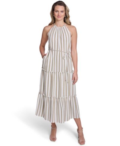 Jessica Howard Women's Sleeveless Braided Halter Neck Tiered Midi Dress