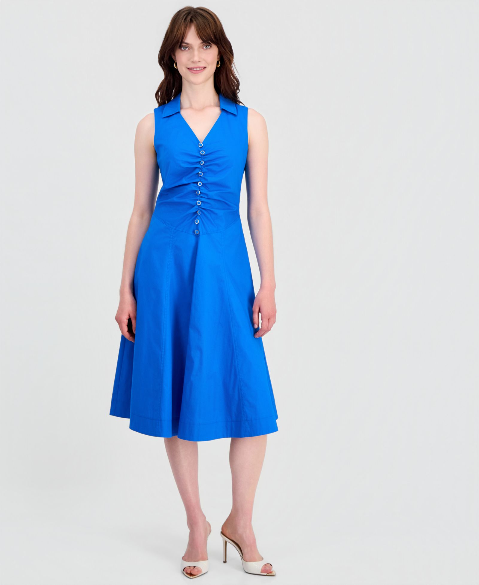 Tahari ASL Women's Collared Ruched-Front Sleeveless Dress