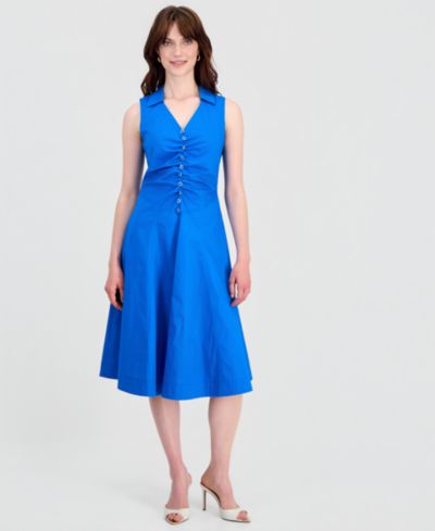 Tahari ASL Women's Collared Ruched-Front Sleeveless Dress