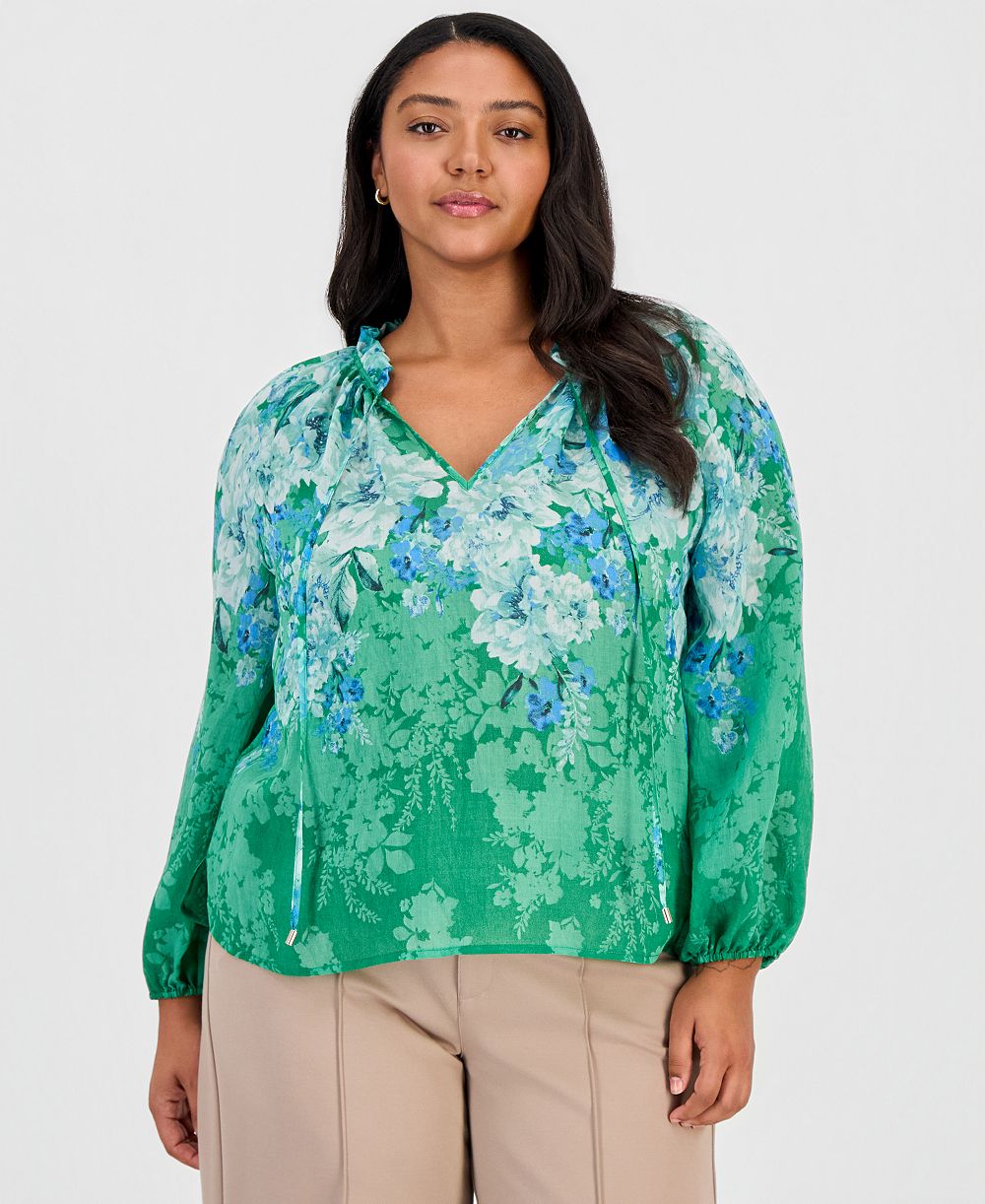 Блузка Tahari ASL Plus Size Long-Sleeve Floral Bow