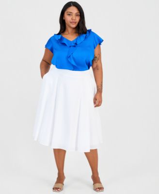 Tahari ASL Plus Size Pleated Cotton Midi Skirt