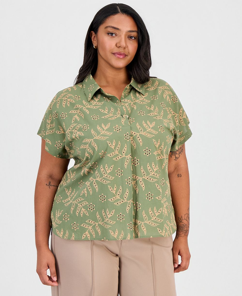 Женская рубашка Tahari ASL Plus Size Embroidered-Look Short-Sleeve Camp