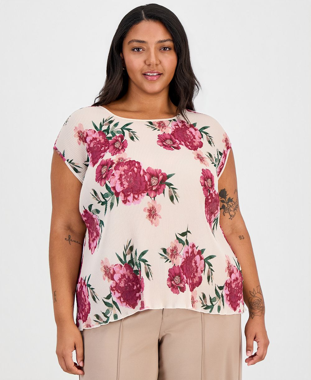 Tahari ASL Plus Size Plissé Floral-Print Top