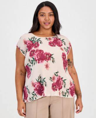 Tahari ASL Plus Size Plissé Floral-Print Top