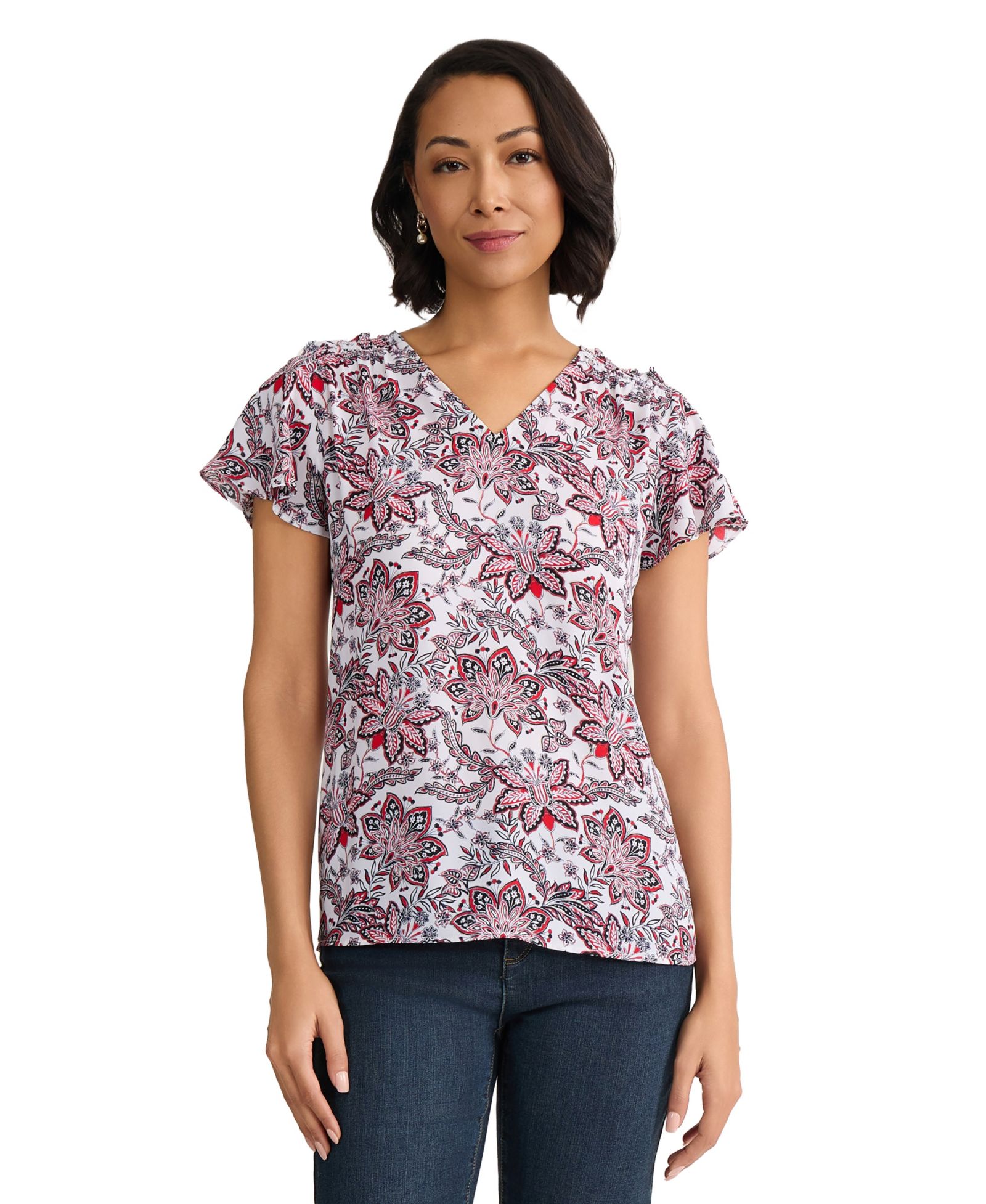 Женская блузка Jones New York Flutter-Sleeve Printed V-Neck