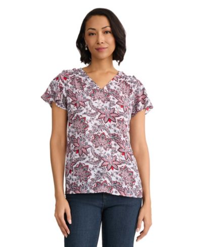 Женская блузка Jones New York Flutter-Sleeve Printed V-Neck