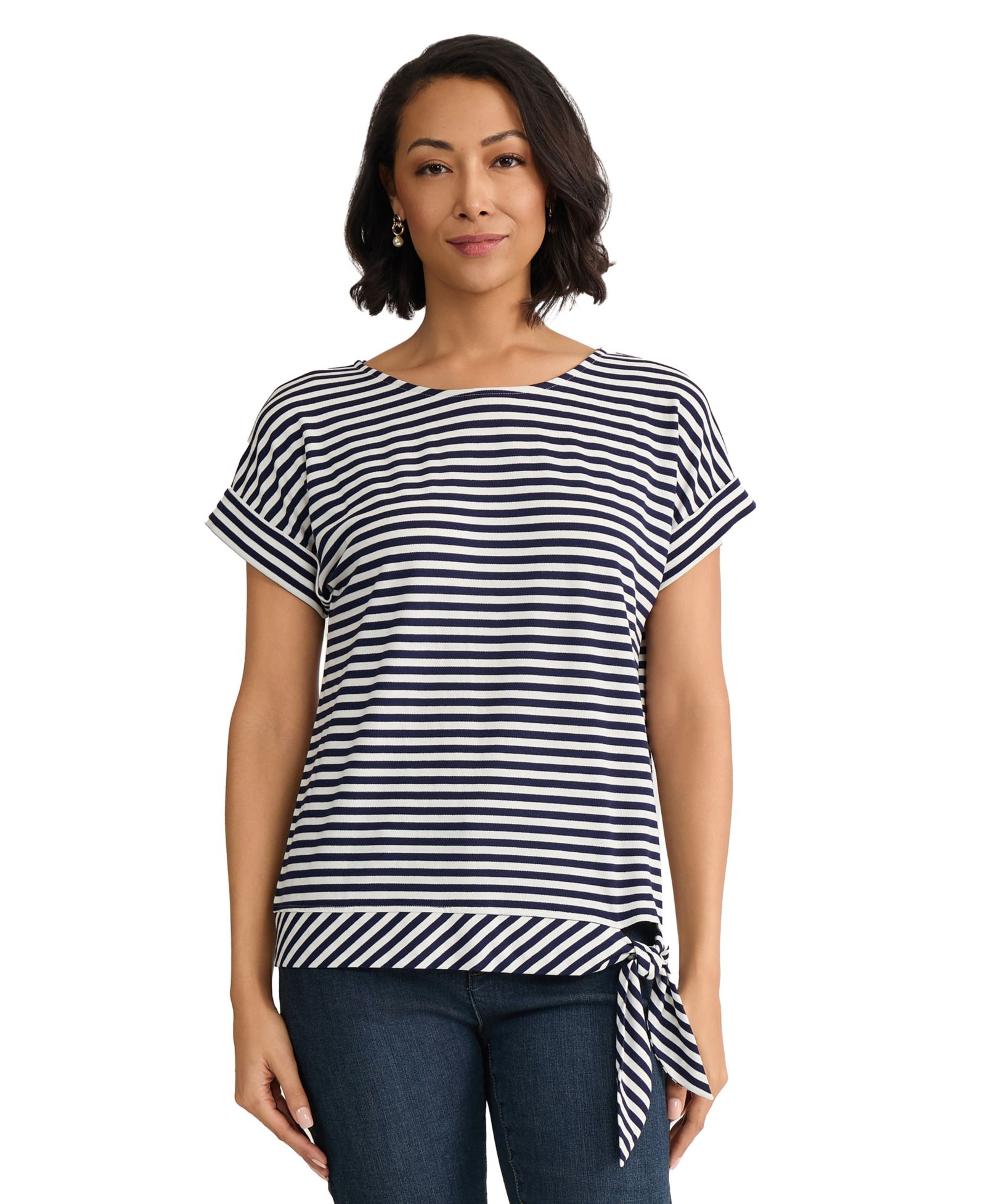 Женская футболка Jones New York Short-Sleeve Striped Side-Tie Boat Neck
