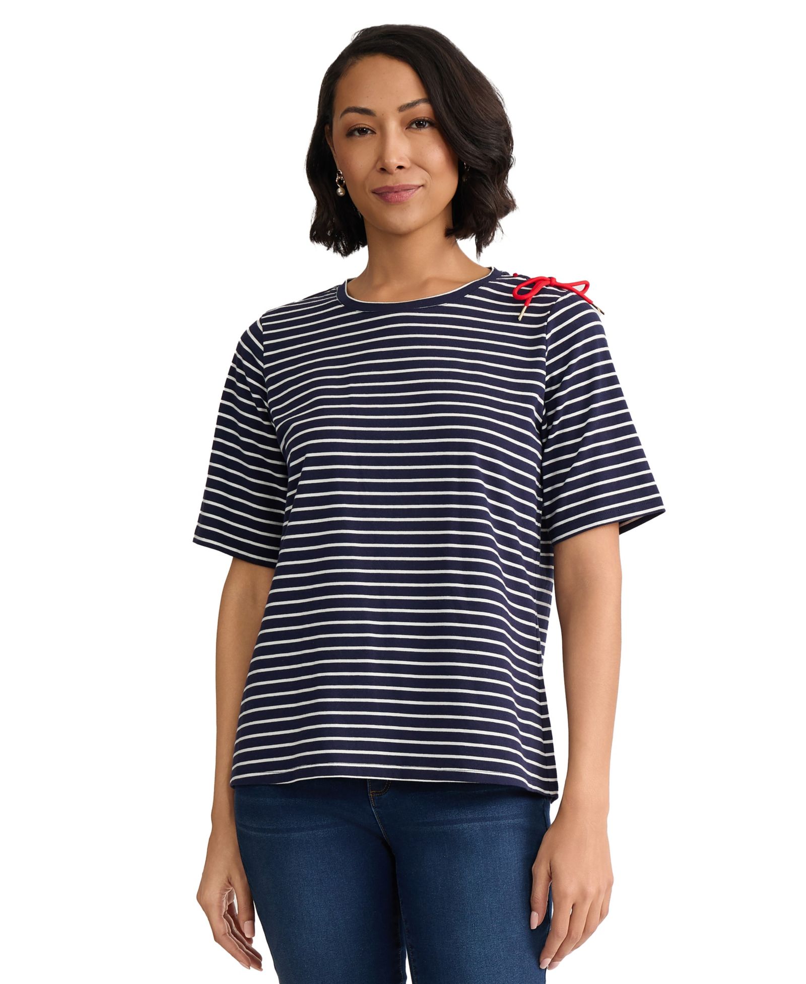 Женский топ Jones New York Women's Short Sleeve Striped Shoulder Tie Detail Top