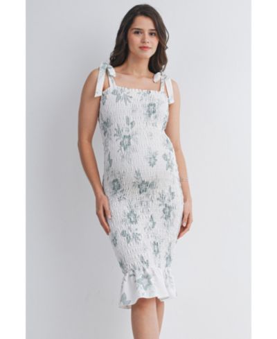 Hello Miz Women's Bodycon Floral Smocked Midi Dress with Adjustable Tie Straps