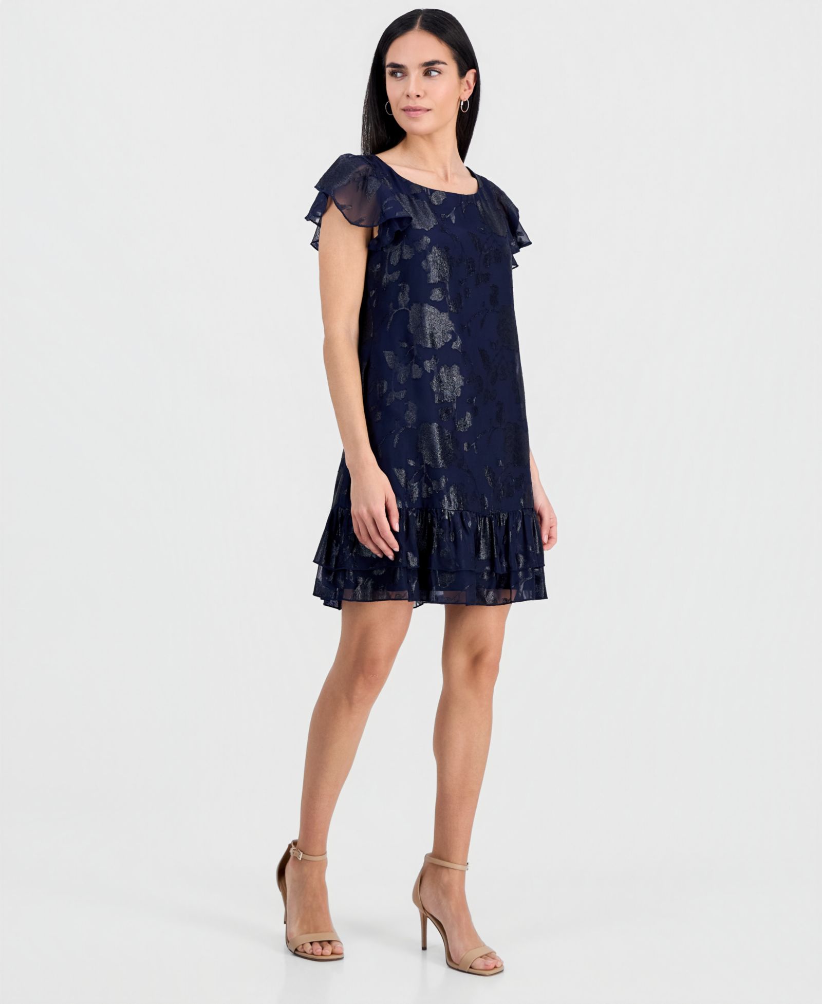 Connected Petite Ruffled-Hem Flutter-Sleeve Dress