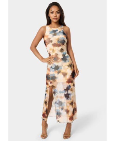 Bebe Womens Printed Powermesh Side Shirred Maxi Dress