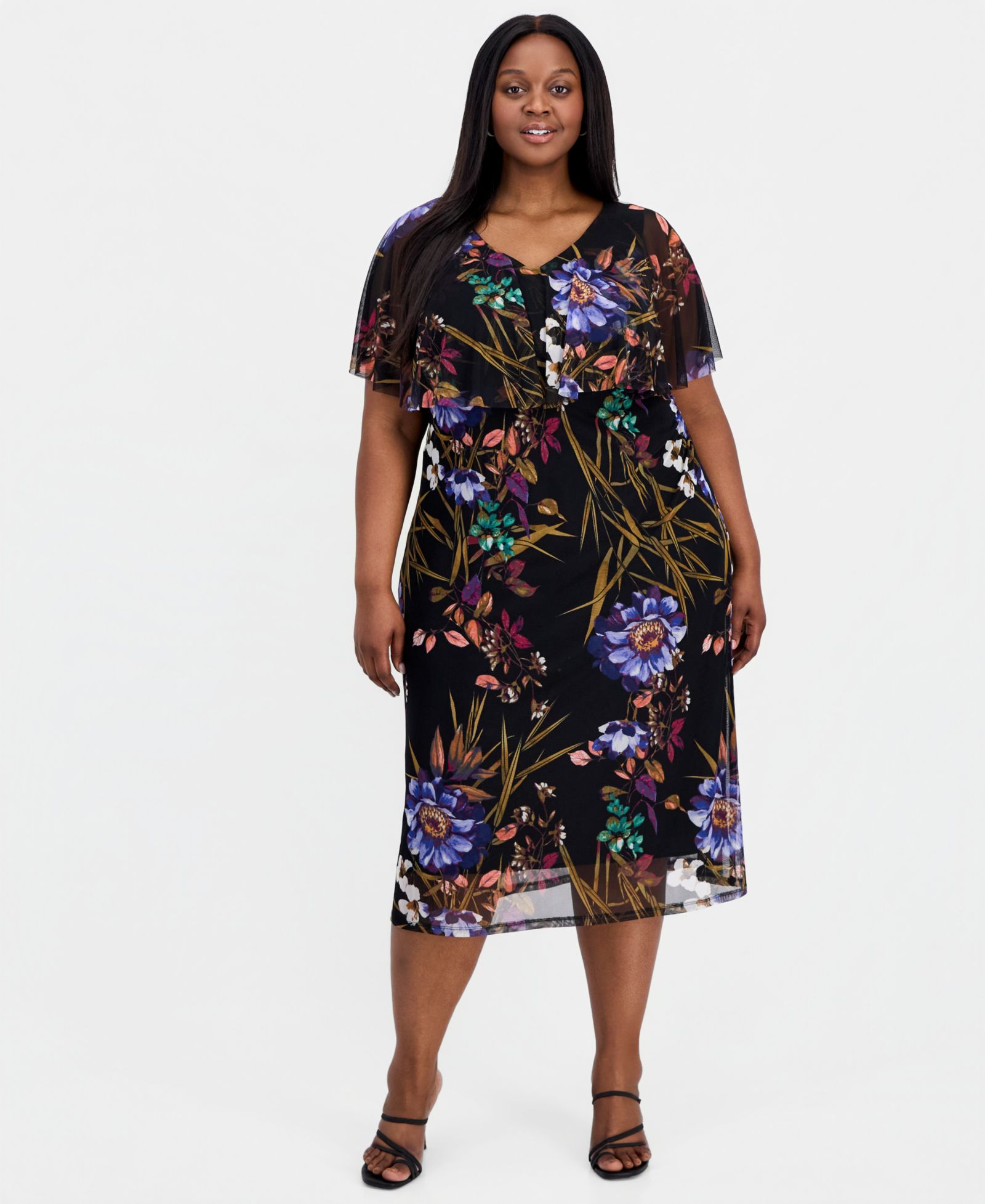 Платье миди Connected Plus Size Printed Cape-Overlay Mesh