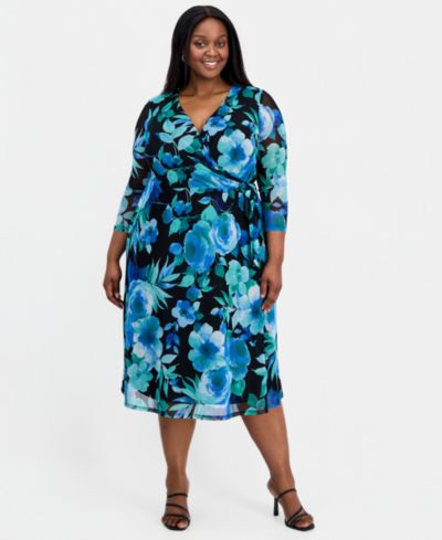 Connected Plus Size Printed Faux-Wrap Midi Dress
