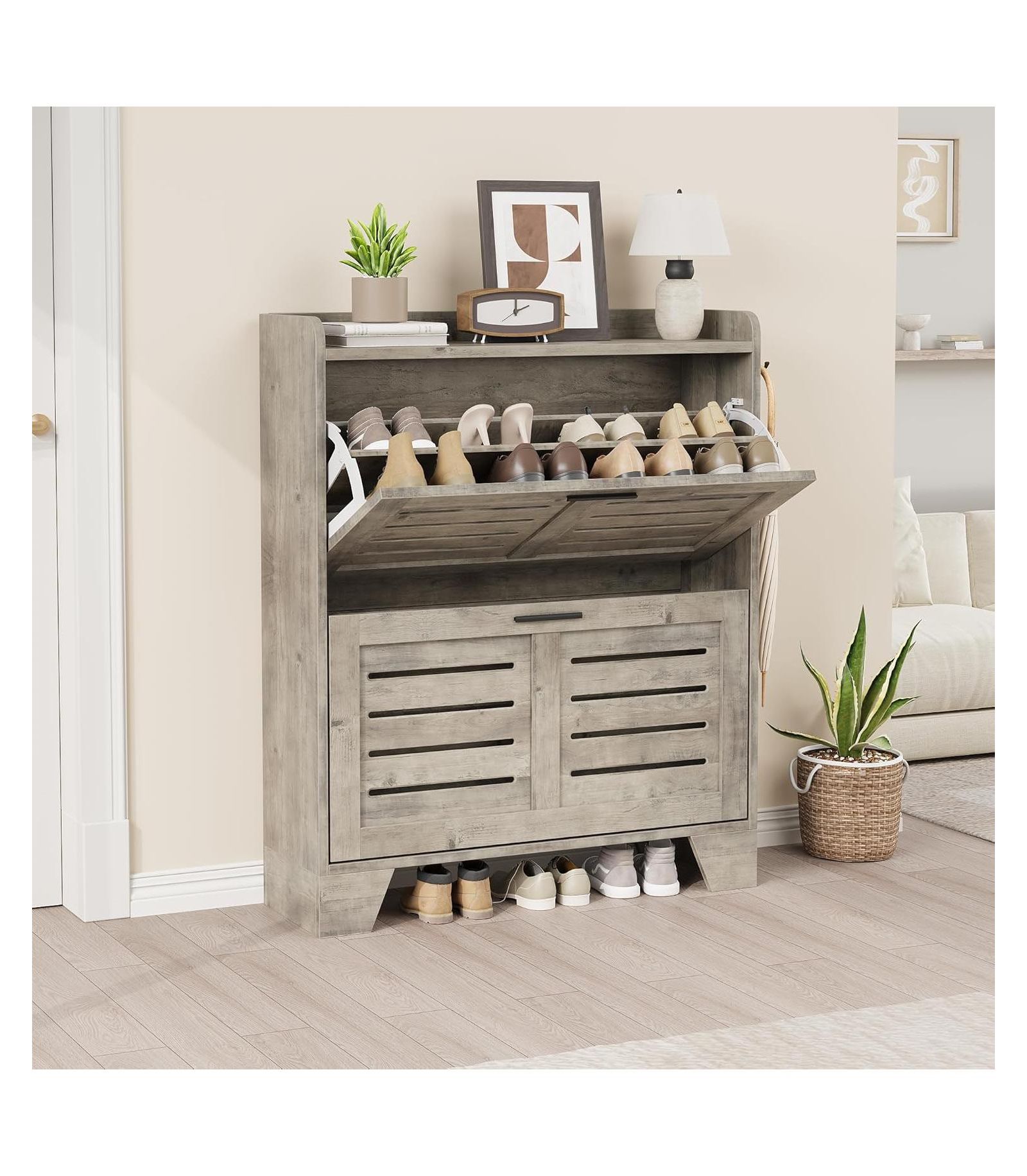 gaomon "Shoe cabinet with 2 flip drawers, freestanding slim organizer with hooks, narrow hidden shoe storage for entryway."