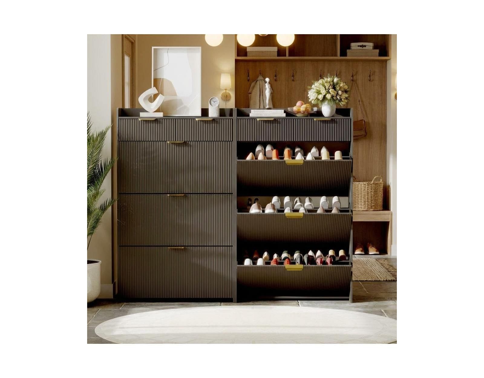 Gaomon Modern Natural 3 Flip Drawer Shoe Cabinet with 2 Small Drawers & Hook – Slim Entryway Organizer