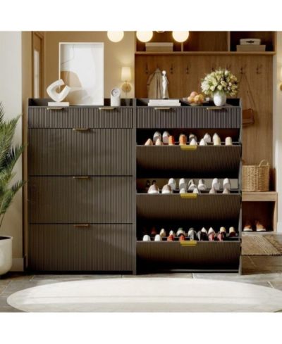 Gaomon Modern Natural 3 Flip Drawer Shoe Cabinet with 2 Small Drawers & Hook – Slim Entryway Organizer