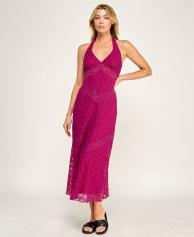 ROW A Juniors' Lace Detail Halter Neck Midi Dress