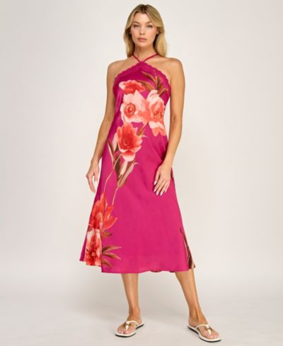 ROW A Women's Printed Halter Neck Scallop Trim Midi Dress