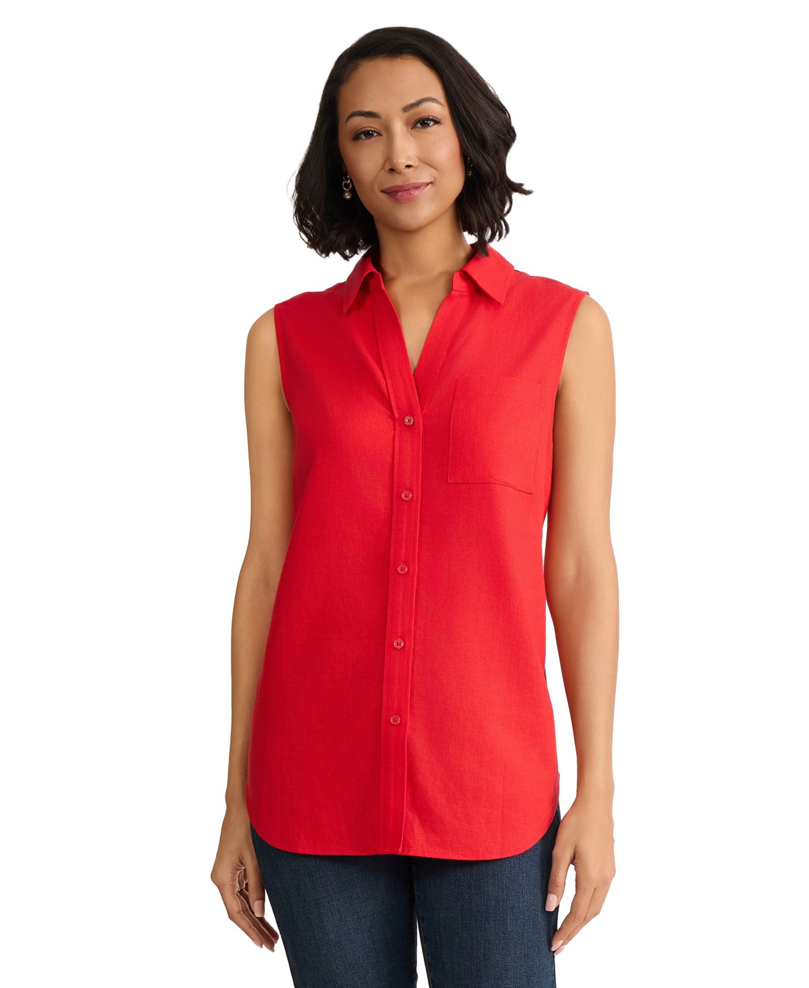 Jones New York Women's Sleeveless Linen-Blend Button Down Top