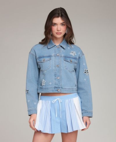 Avec Les Filles Women's Embroidered Detail Collared Denim Jacket