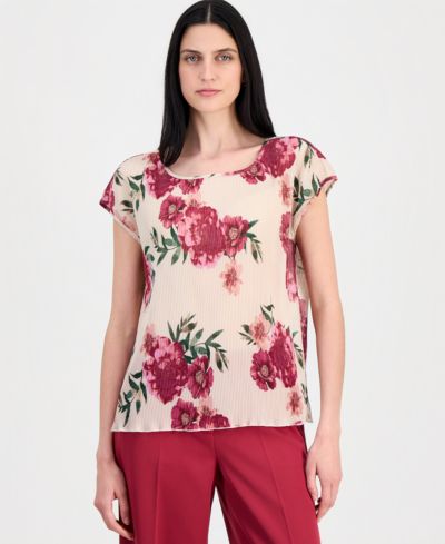 Топ Tahari ASL Women's Pleated Floral Boat-Neck
