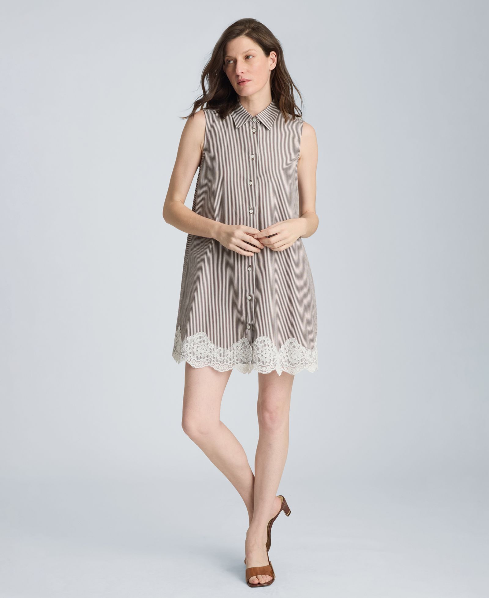 Kenneth Cole Women's Striped Collared Neck Swing Shirt Dress with Lace Trim
