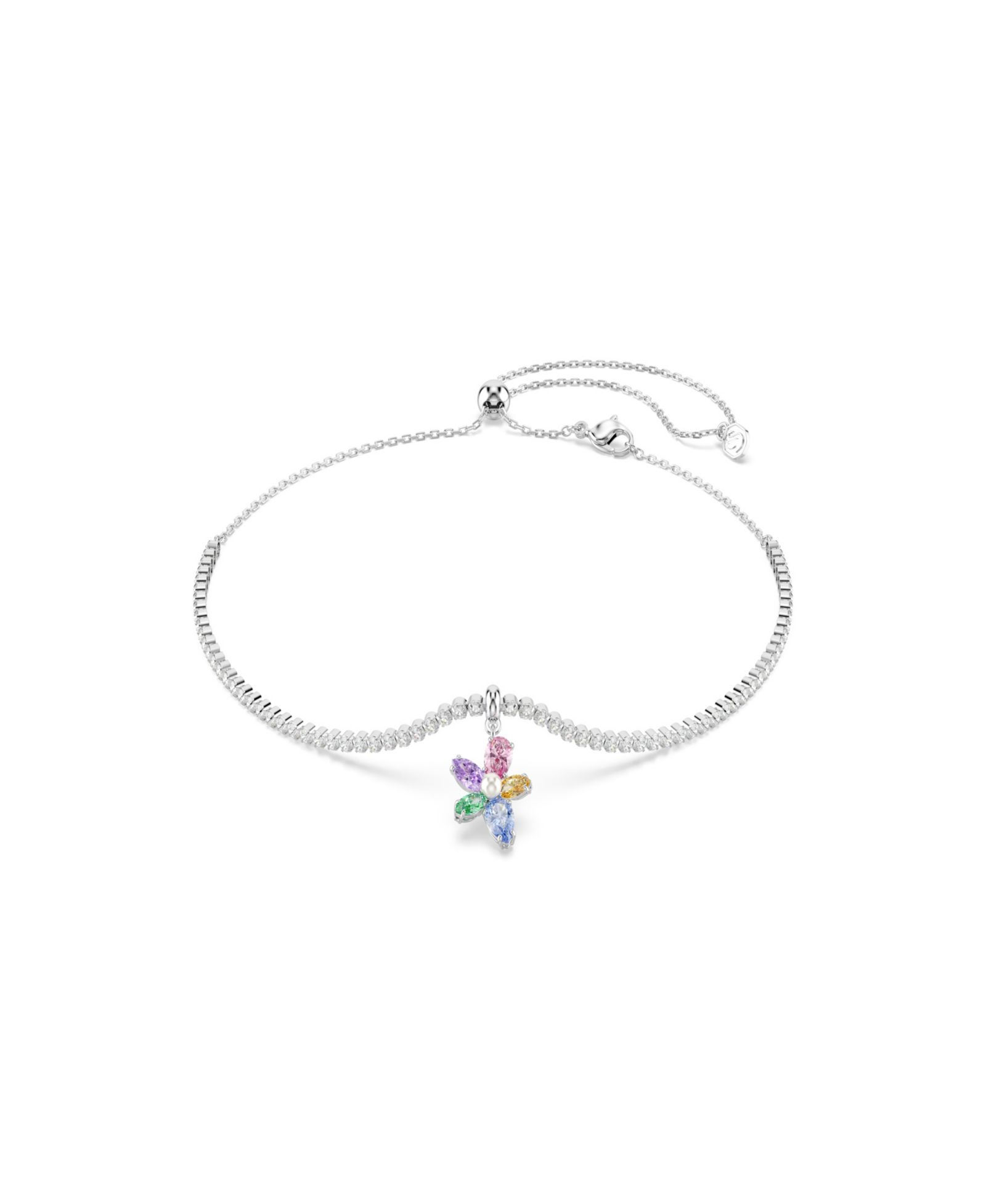 Ожерелье-чокер Swarovski с цветочным мотивом, родированное, разноцветные кристаллы разных огранок