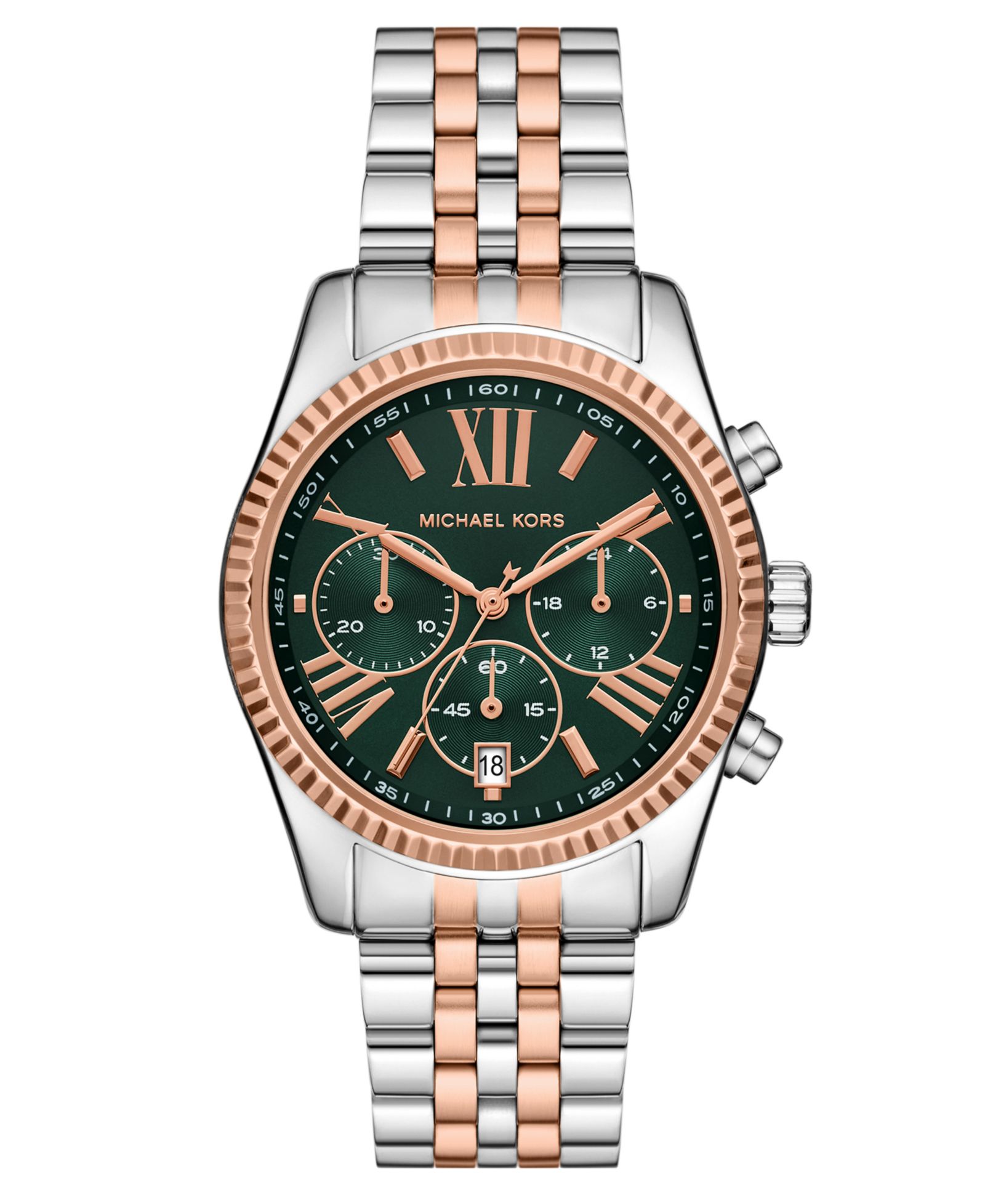 Женские кварцевые часы Michael Kors Lexington Chronograph двухцветные из нержавеющей стали 38mm